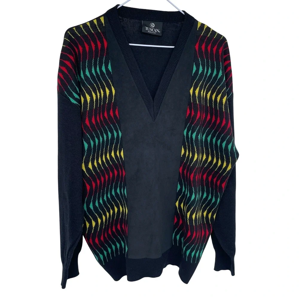 Vintage Tuscan Mens V Neck Sweater Colorful Squiggly Pattern Made in Italy XL